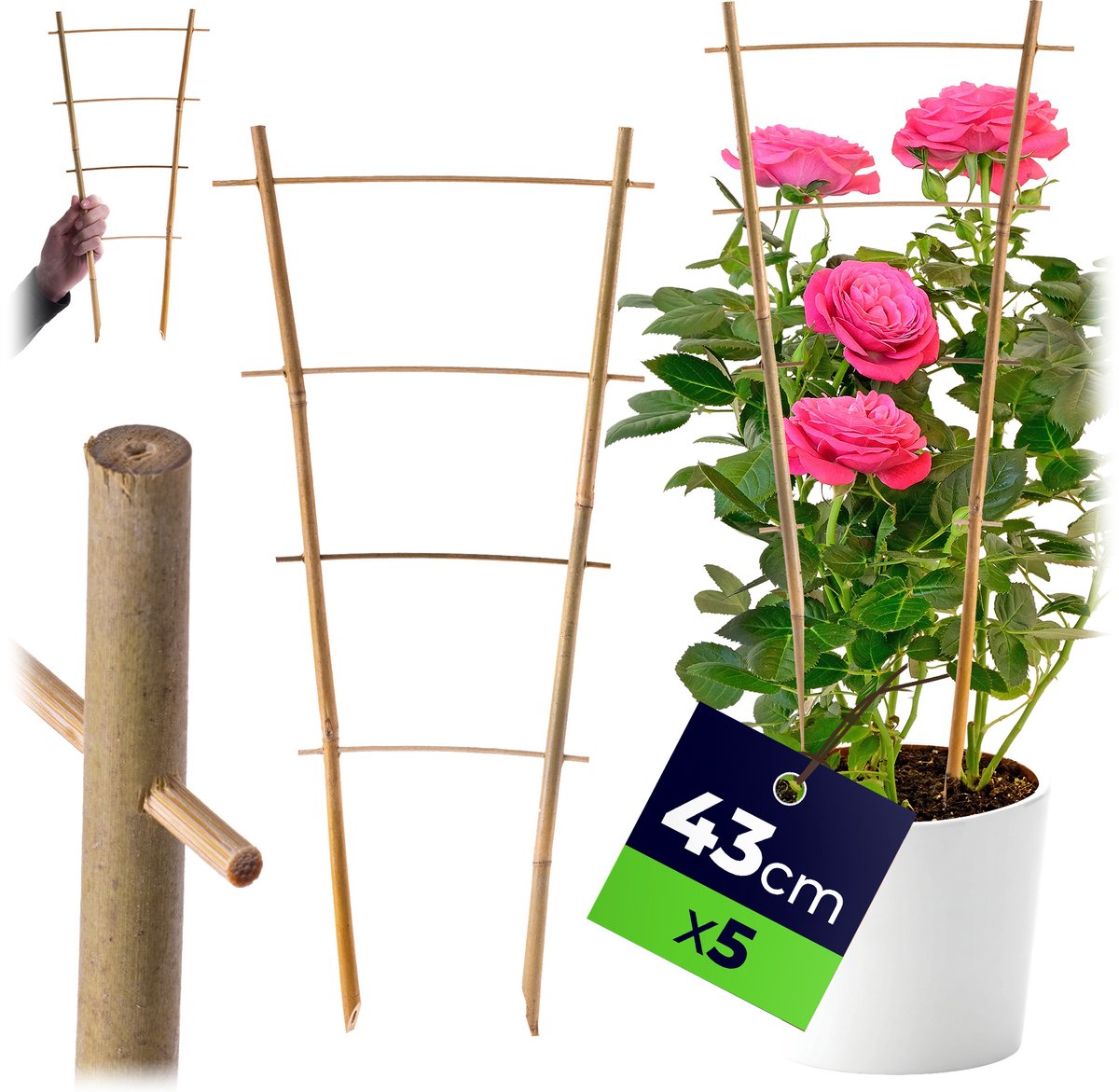 KADAX Bamboeladder, set van 5, steunladder voor bloemen, tuinplantensteun van bamboehout, bloemenrooster, klimhulp, rasterspalier V-vorm, klimhulp (H: 43 cm, dubbel)