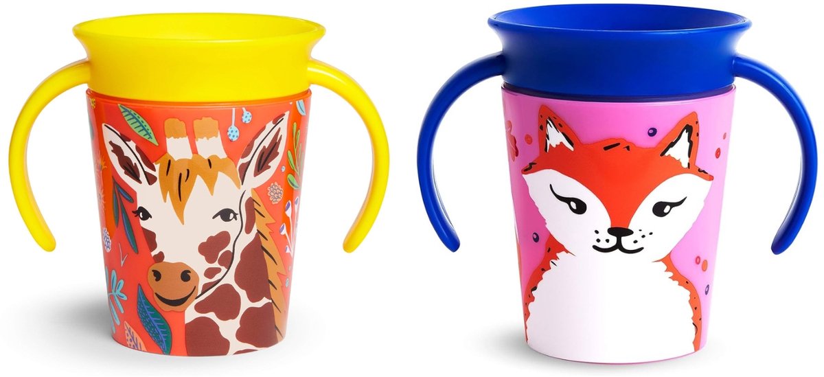 Munchkin Miracle Drinkbeker - WildLove Trainer cup - Anti-Lek 360° Cup - 2-pack - Oefenbeker voor Baby en Kind - Giraffe & Vos - 177ml