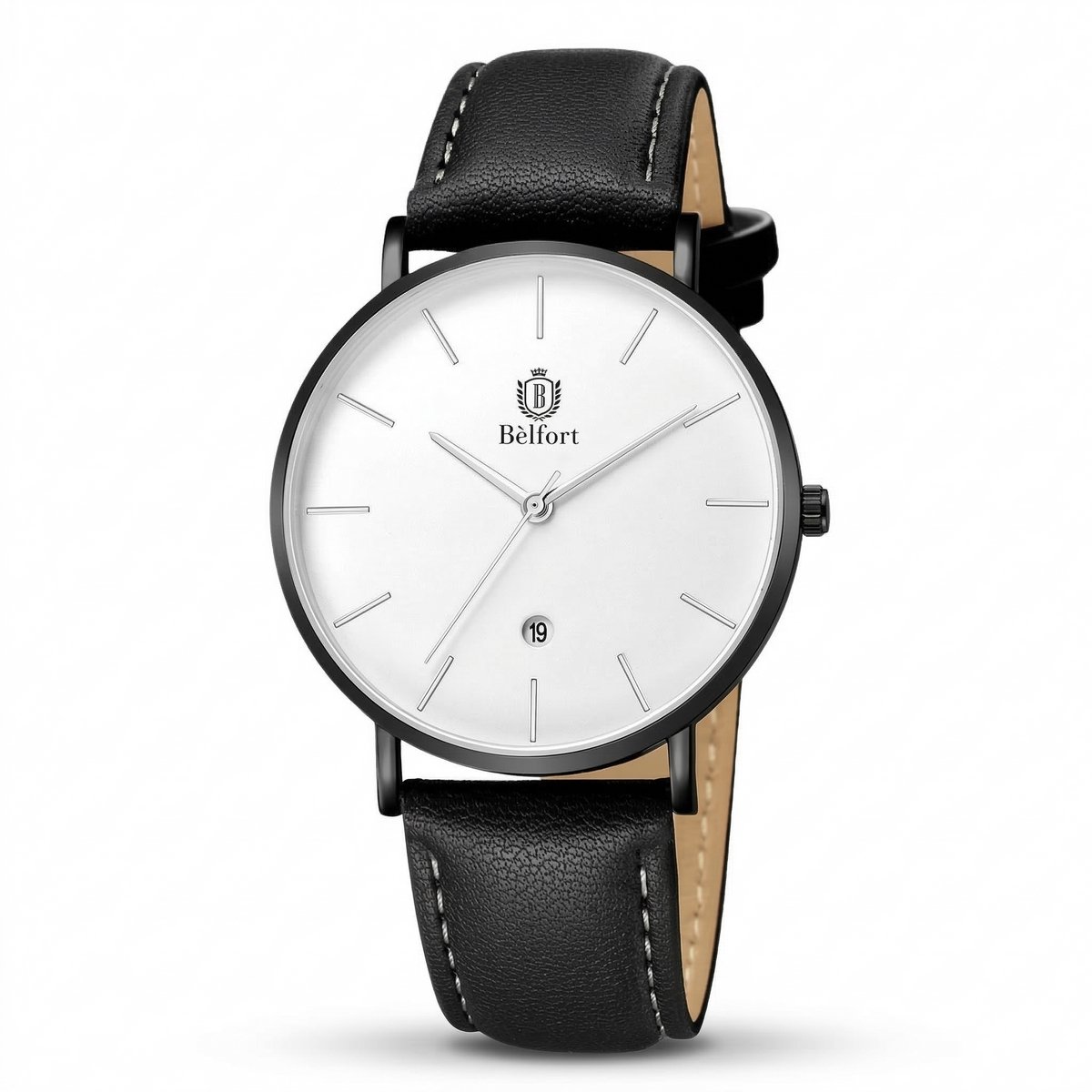 Bèlfort Horloge Analoog Dumont - Heren - Leer - Wit - White - Premium Lederen Horloge Band - 42mm - Water Resistance Watch