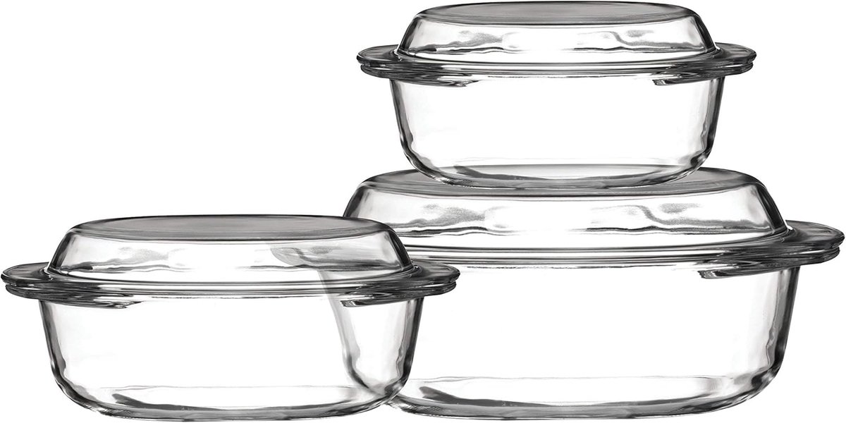 Set van 3 Glazen Kookpotten met Deksel - Oven- en Magnetronbestendig