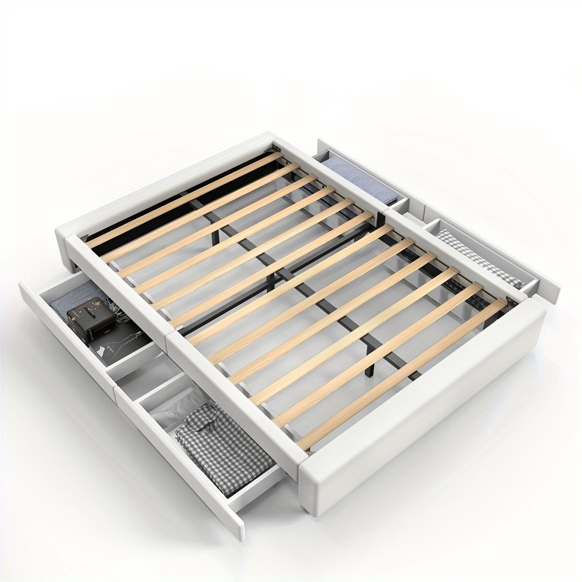 Bedframe met Opbergruimte – Tweepersoonsbed – Gestoffeerd Bed – Opbergbed – Platformbed – 140x200 cm – Stevig Metaal en MDF – 4 Ruime Lades - Wit