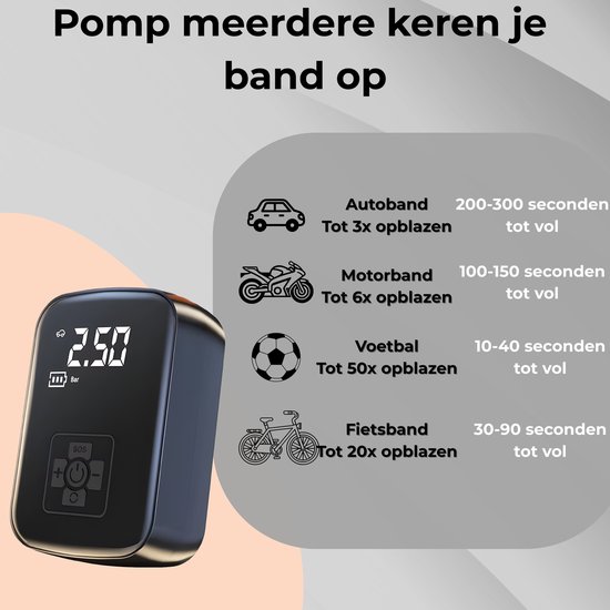 Stemap Compressor Bandenpomp - Elektrische Fietspomp - Luchtcompressor voor Auto, Scooter, Motor & Fiets - 3.600mAh - Oplaadbaar & Draagbaar - Met Verlichting - Tot 10bar van Merkloos — afbeelding 5