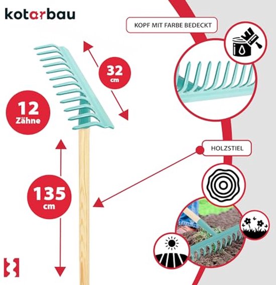 KOTARBAU® Tuinhark, Bladhark, Staal, 32 cm, Turquoise, met Houten Steel, 135 cm, 12 Tanden, voor Gazon, Stevige Hark, Metalen Hark, Ergonomisch Tuingereedschap van Merkloos	 — afbeelding 4