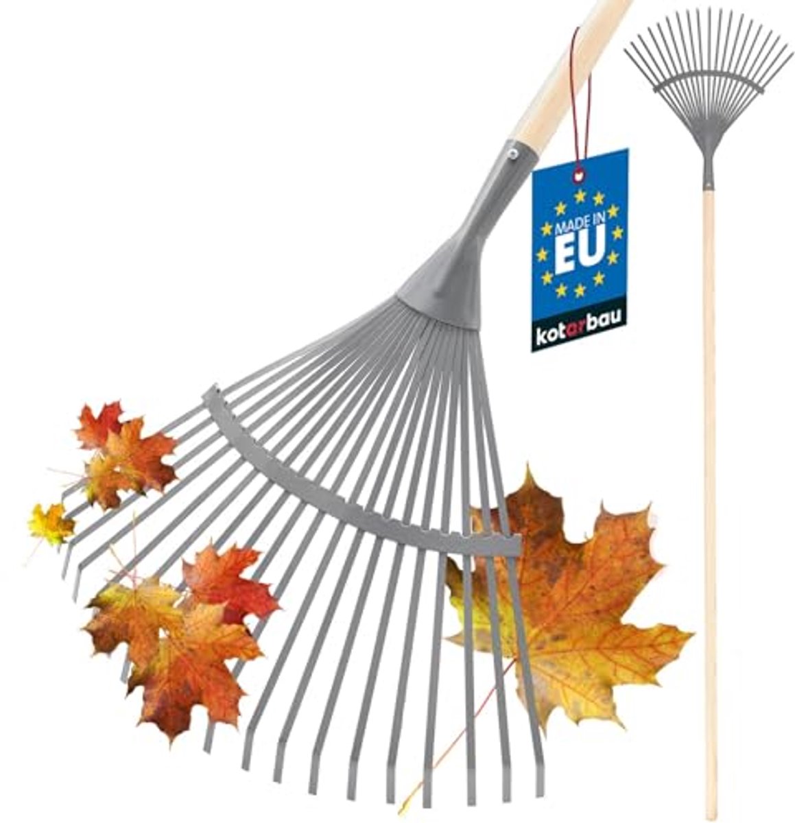 KOTARBAU® Bladhark, Staal, 41 cm, Bladbezem, met Houten Steel, 187 cm, Stevige Hark,Tuinhark, Gazonhark, voor Bladeren Gras Tuin, Ergonomisch Tuingereedschap, Grijs Natuurlijk Hout