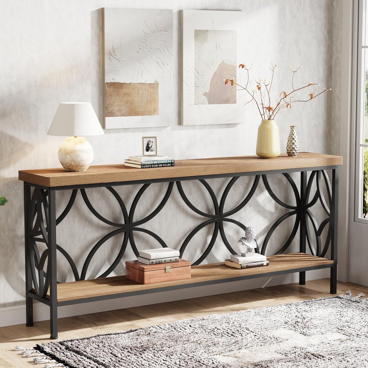 Tribesigns Consoletafel met plank - lichtbruin Sidetable - Hout - 160 x 30 x 80 cm - Smalle Consoletafel met 2 Niveaus voor Hal, Woonkamer, Entree