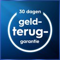 Cirkel met tekst '30 dagen geld-terug-garantie' op een blauwe achtergrond.