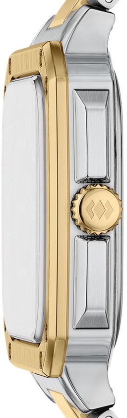 Zijprofiel van een zilverkleurig herenhorloge met gouden details.