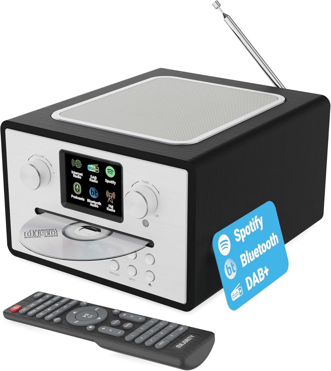 Internet Radio DAB+ FM CD Speler met Bluetooth, Spotify, Podcast en Dual Alarm - Zwart