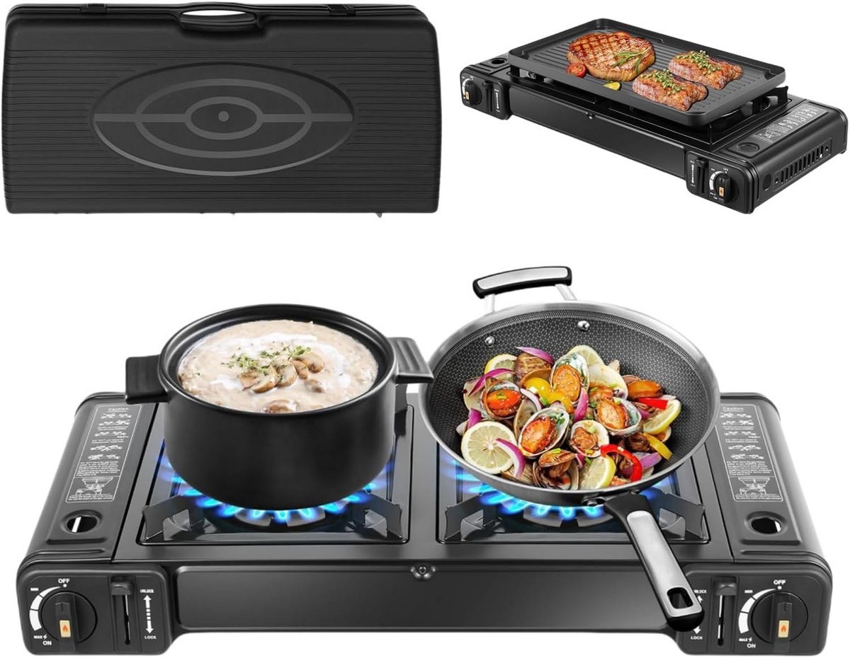 Draagbare Camping Gasstel met 2 Pitten en Grillplaat, Inclusief Opberghoes