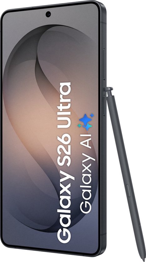 Zwarte Samsung S26 Ultra Galaxy AI smartphone met stylus.