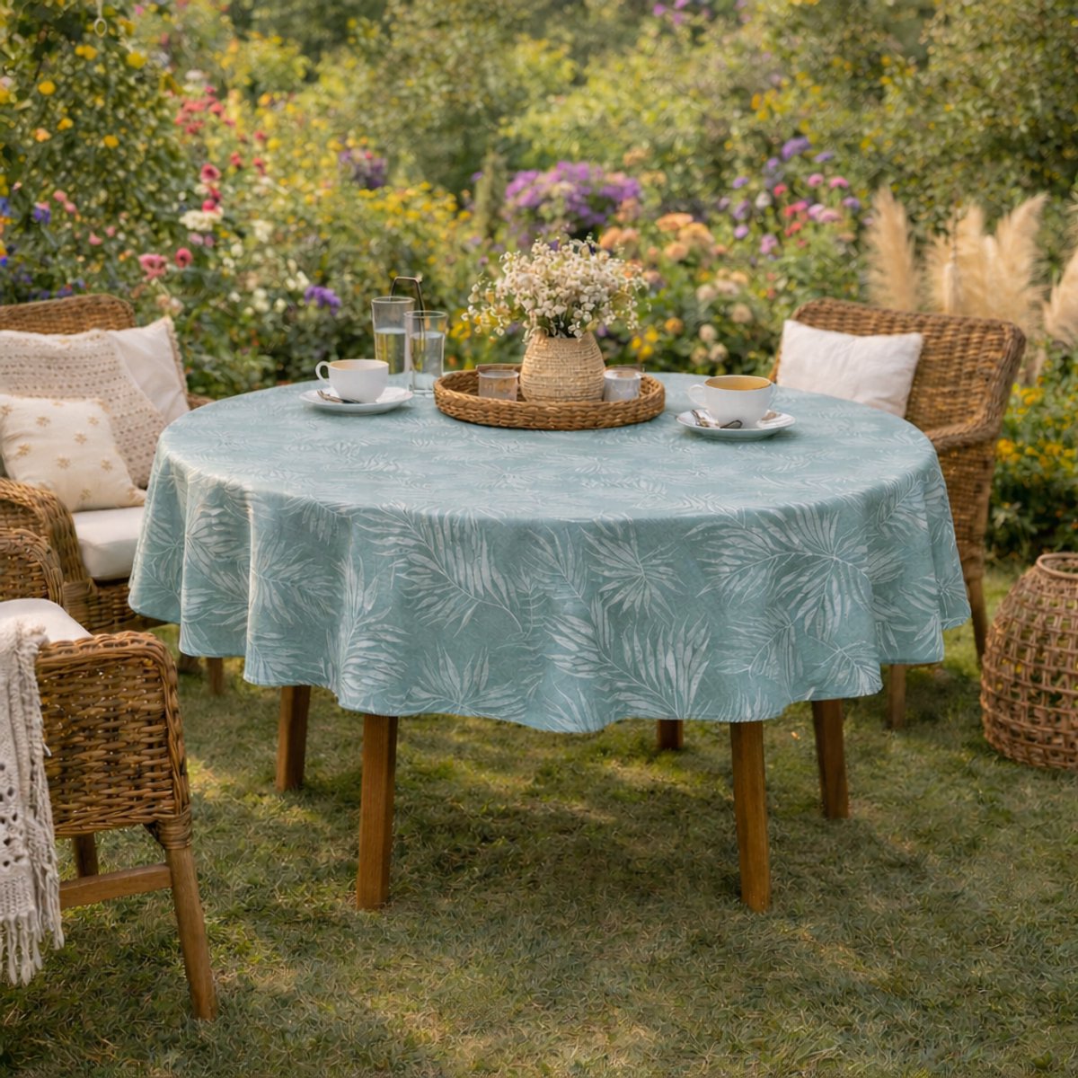 Unique Living Tafelzeil - Tropische Bladeren - 160CM Rond - Mintgroen