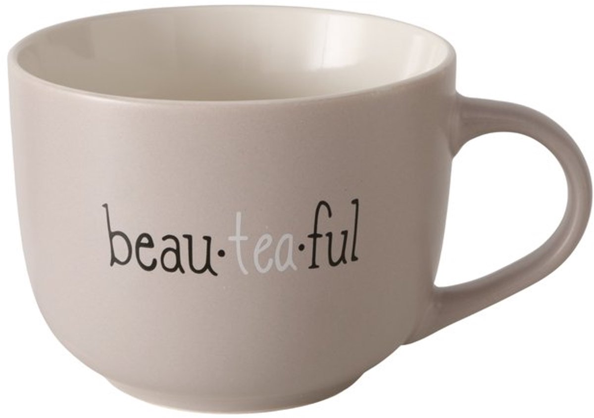 Boltze - Jumbo - Theemok - “Beau.tea.ful” - 560 ml - Keramiek - Beige - Vaatwasser & Magnetron veilig