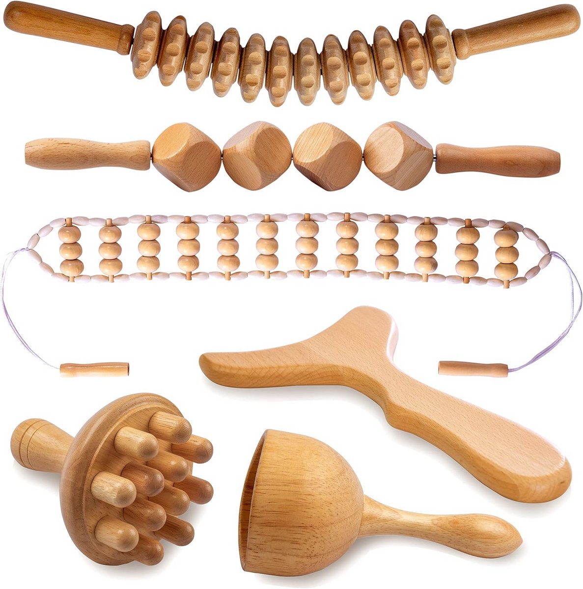 Houttherapie Set 6-in-1: Massagehulpmiddelen voor Lymfedrainage & Lichaamsvorming
