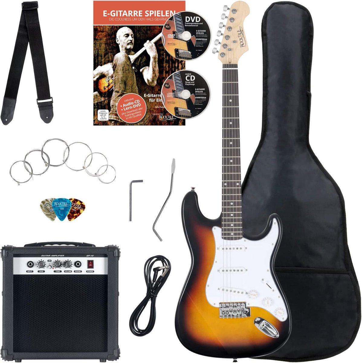 Complete Elektrische Gitaar Set met Versterker, Tas en Lesmateriaal - Sunburst