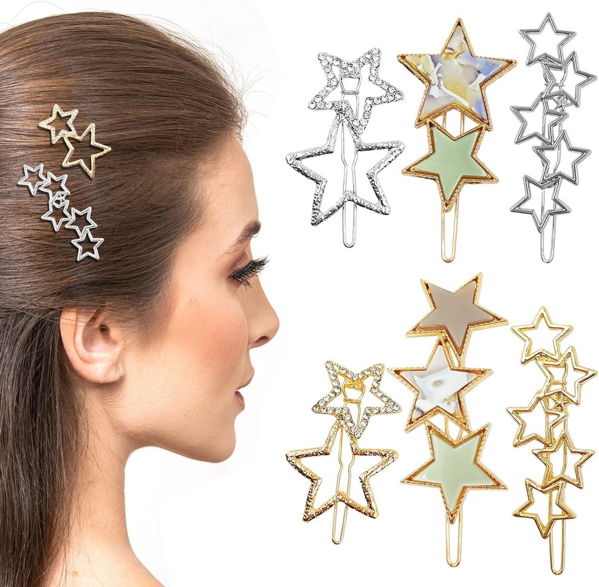 6x Elegante Ster Haarspeldjes met Strass - Metaal & Vintage Look - Goud en Zilver
