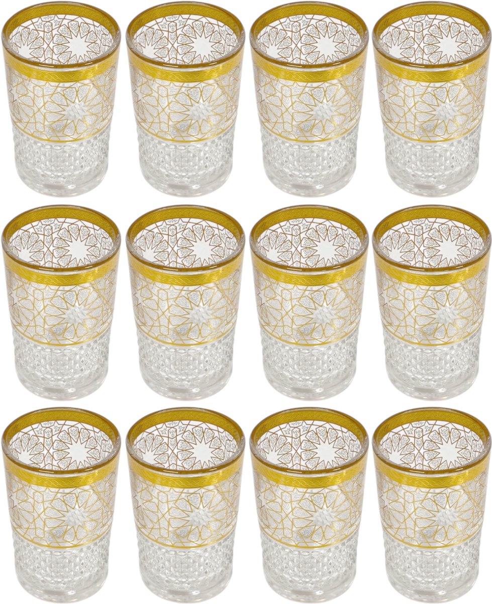 Marokkaanse Theeglazen Set – 12 Stuks – Traditionele Thee Glazen met Goud Motief – Arabische Muntthee Glazen – Oosterse Theeglazen – Luxe Marokkaanse Glazen – 160 ml – Transparant met Goudkleurig Motief