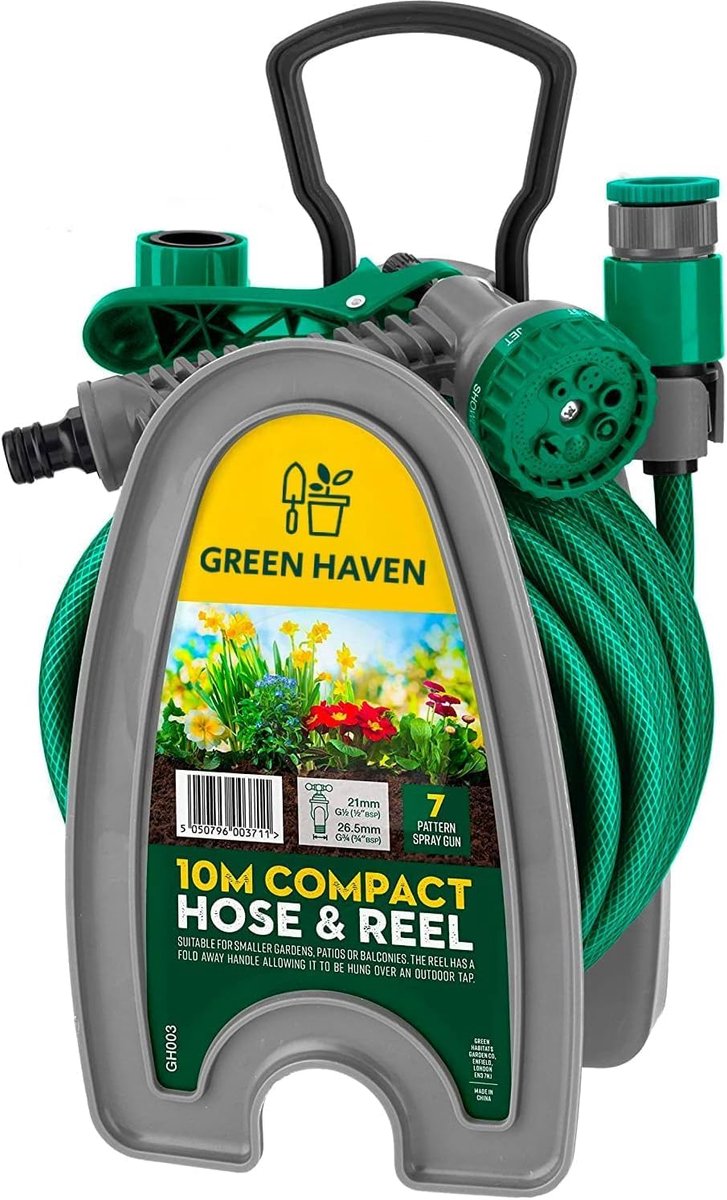 Lichtgewicht tuinslanghaspel - 10 m compacte slanghaspel met 7 verstelbare spuitpistoolsproeiers - outdoor mini-slangpistool voor irrigatie - eenvoudige opslag van slang en accessoires