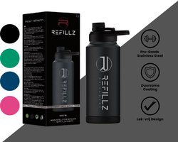 Refillz Drinkware® - (NEW) Pro X Bottle Blackz - Dubbelwandige Thermo Drinkfles 1000ML - Waterfles - RVS Bidon - Hydrate Lid Pro - 24u koud / 12u warm - Lekvrij Design - BPA Vrij