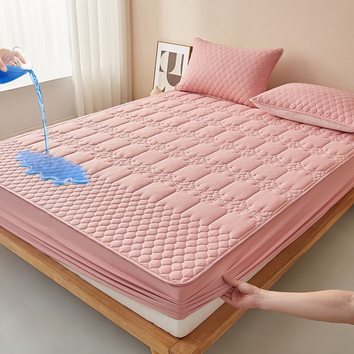 Matrashoes + 2 kussenslopen, TPU-laag voor waterdicht en ademend gebruik, geschikt voor matrassen tot 28 cm dik,Diamantvormige rode bonenpasta,150*200cm+kussensloop 48*74cm