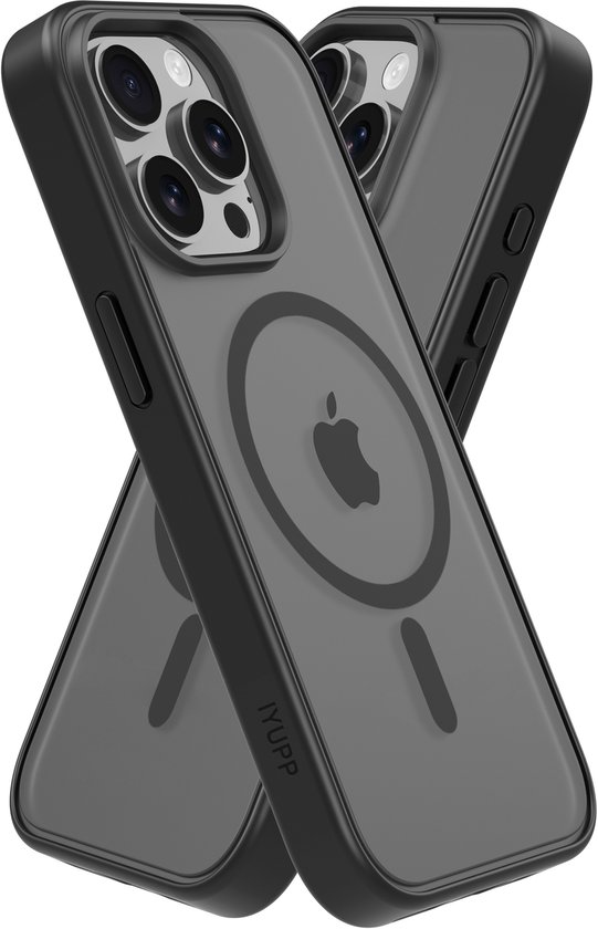 Coque IYUPP noire transparente pour iPhone 14 Pro avec MagSafe. Les coques sont placées l'une sur l'autre.