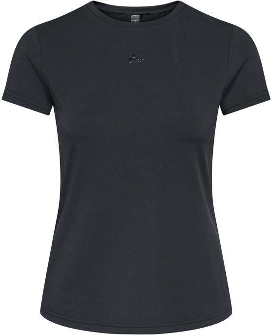 Zwart dames t-shirt met kleine logo-applicatie op de borst. Korte mouwen en ronde hals.