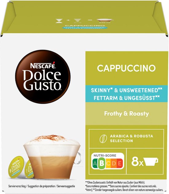 Doos Nescafé Dolce Gusto Cappuccino. Een kop cappuccino met melkschuim en cacaopoeder, naast twee Dolce Gusto capsules.