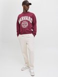 Man met crème joggingbroek, bordeaux hoodie met 'HARVARD' logo en baseballpet.