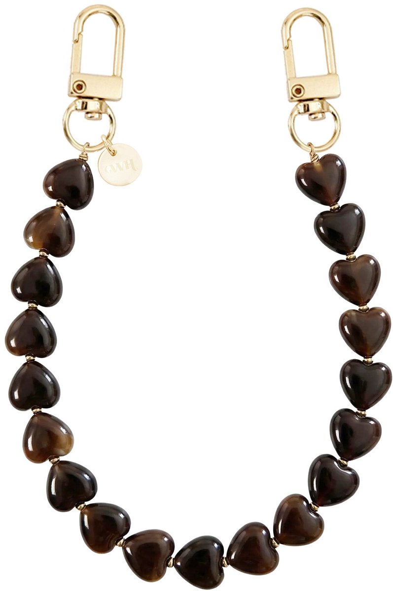 xoxo Wildhearts telefoonkoord - Sweetheart Brown - Geschikt voor iPhone - Geschikt voor Samsung - Universeel - Phone cord - Telefoonketting - Korte hartjes ketting met gouden details - Koord voor telefoon - Bruin