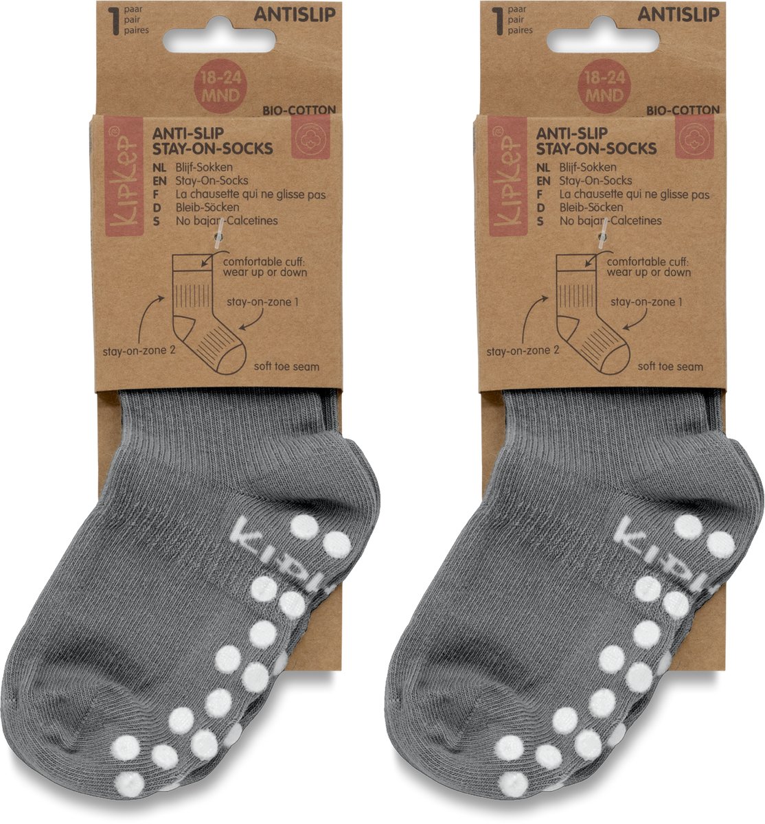 KipKep Blijf-Sokjes 2 paar met antislip - maat: 18-24 maanden - Pebble Grey - Grijs - Bio-katoen - Voordeelpak