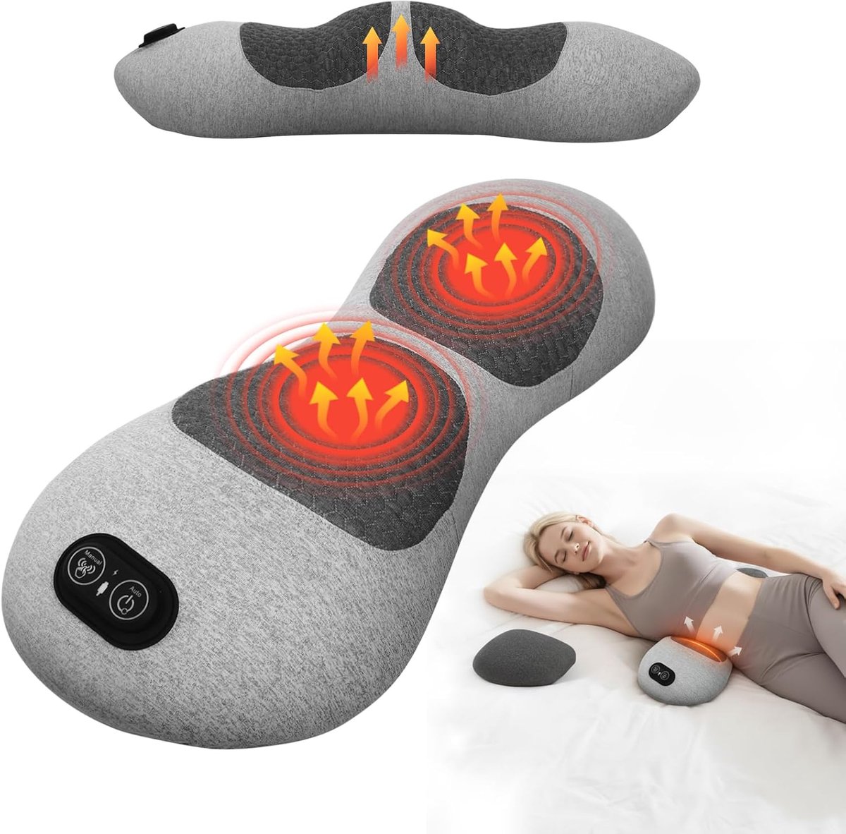 Massagekussen - Rugmassagekussen - 3-in-1 elektrisch massagekussen - Shiatsu Massage kussen - USB-aansluiting - Oplaadbaar - Lendensteun - Verwarmde vibratie - Rugmassager - Grijs