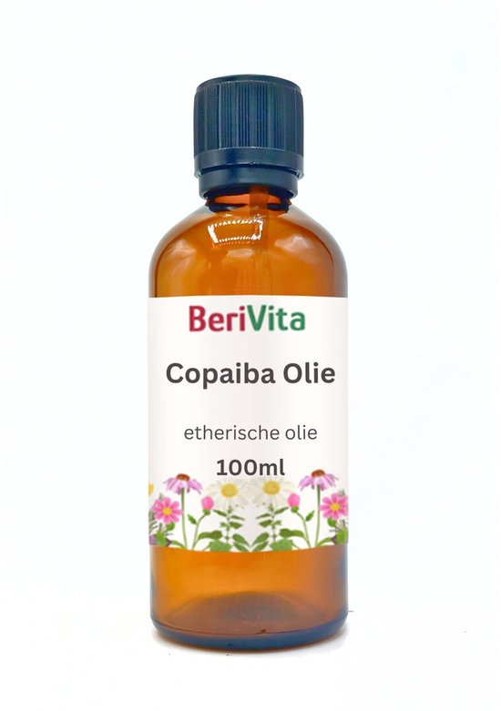 BeriVita Copaiba Olie 100ml amberkleurige fles met donkerblauwe dop, bedrukt met bloemen.