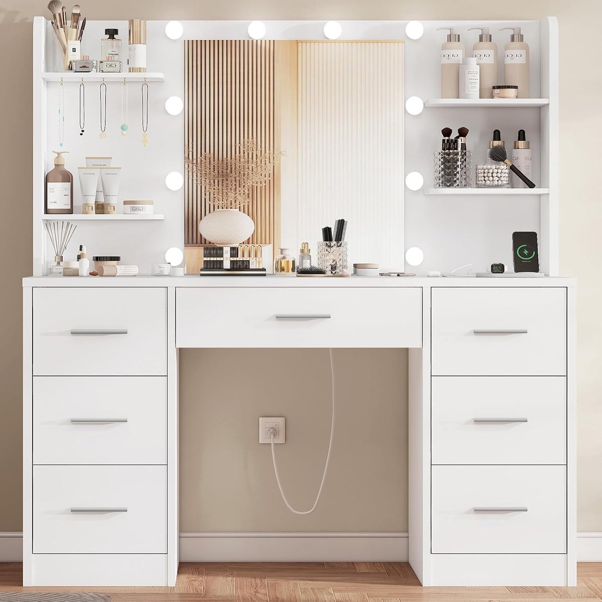Navy® Kaptafel met LED Spiegel – Make-up Tafel met Verstelbare Verlichting, Stopcontact, 7 Lades en Opbergrekken WIT