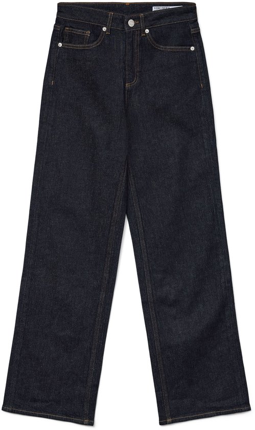 Wijde jeans in donker denim, met bruine stiksels, recht model.