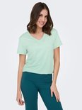 Lichtgroene V-hals t-shirt met korte mouwen, gedragen door een model met een turquoise broek.