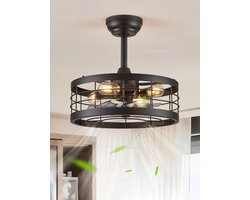 Industriële Plafondventilator met Verlichting in Zwarte Kooi - Stijlvolle Ventilator met Afstandsbediening