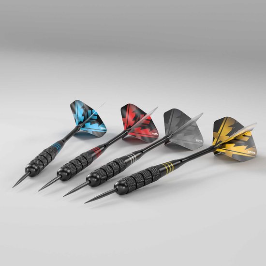 KOTO - Brass Multi Set 4 Sets Zwart Coated Messing Darts (23G) - 4 Sets of Flights (100 Micron) + Zwarte Aluminium Shafts & KOTO Dart Case