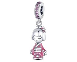 Fler® | Bedel | Past op populaire bedelarmbanden (standaard - 3mm) | Kokeshi Pop Bedel | Japan | Hangbedel Charm | 925 sterling zilver | Roze zirkonia | Roze emaille | Armband Kraal | Valentijnsdag Cadeau | Sinterklaas kado | Kerstcadeau | Verjaardag