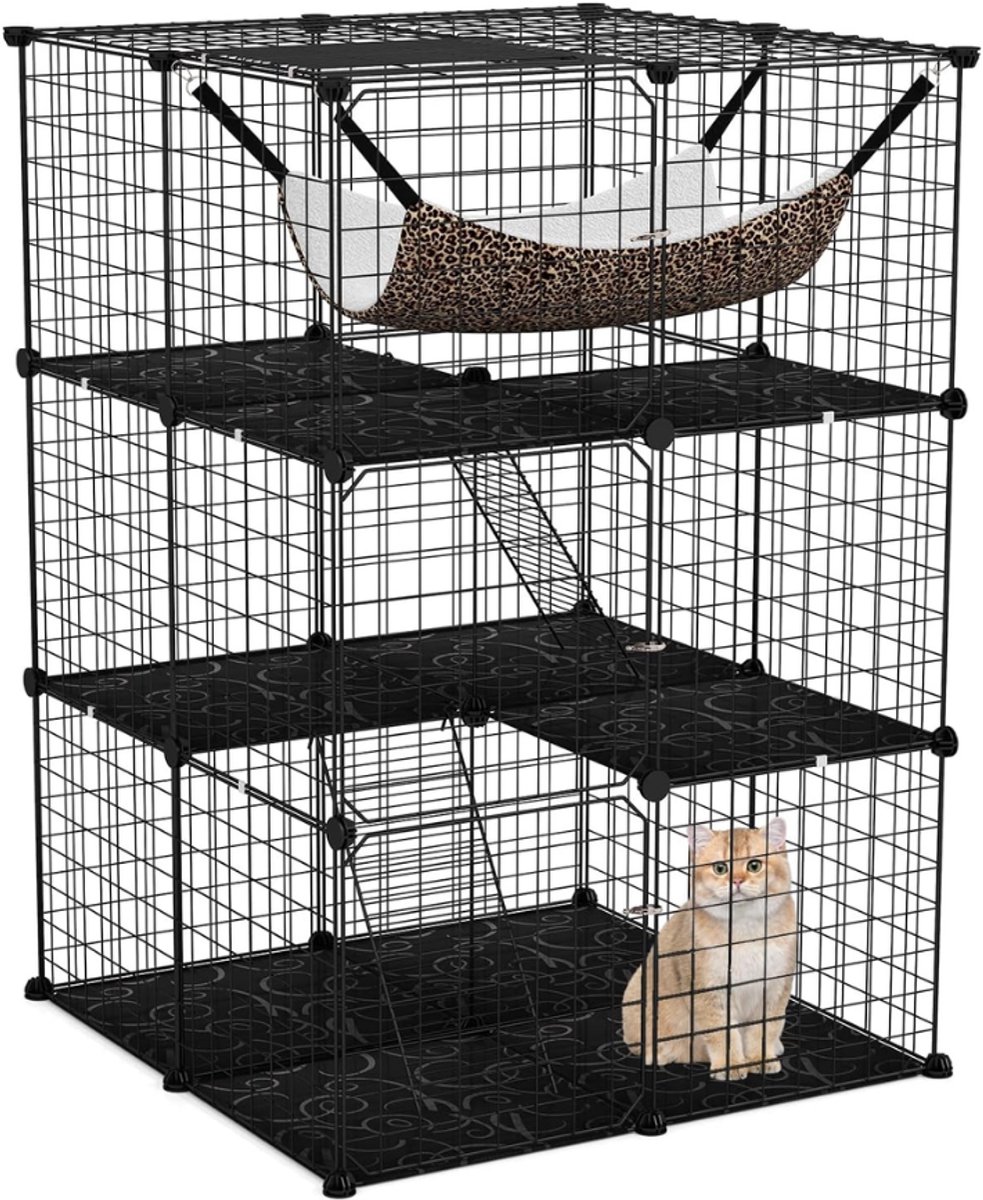 Kattenren - Kattenren Binnen- Grote Kattenren- Comfortabel - 3 verdiepingen, grote kattenren met hangmat, 2 Ladders, 3 Deuren en Dakraam