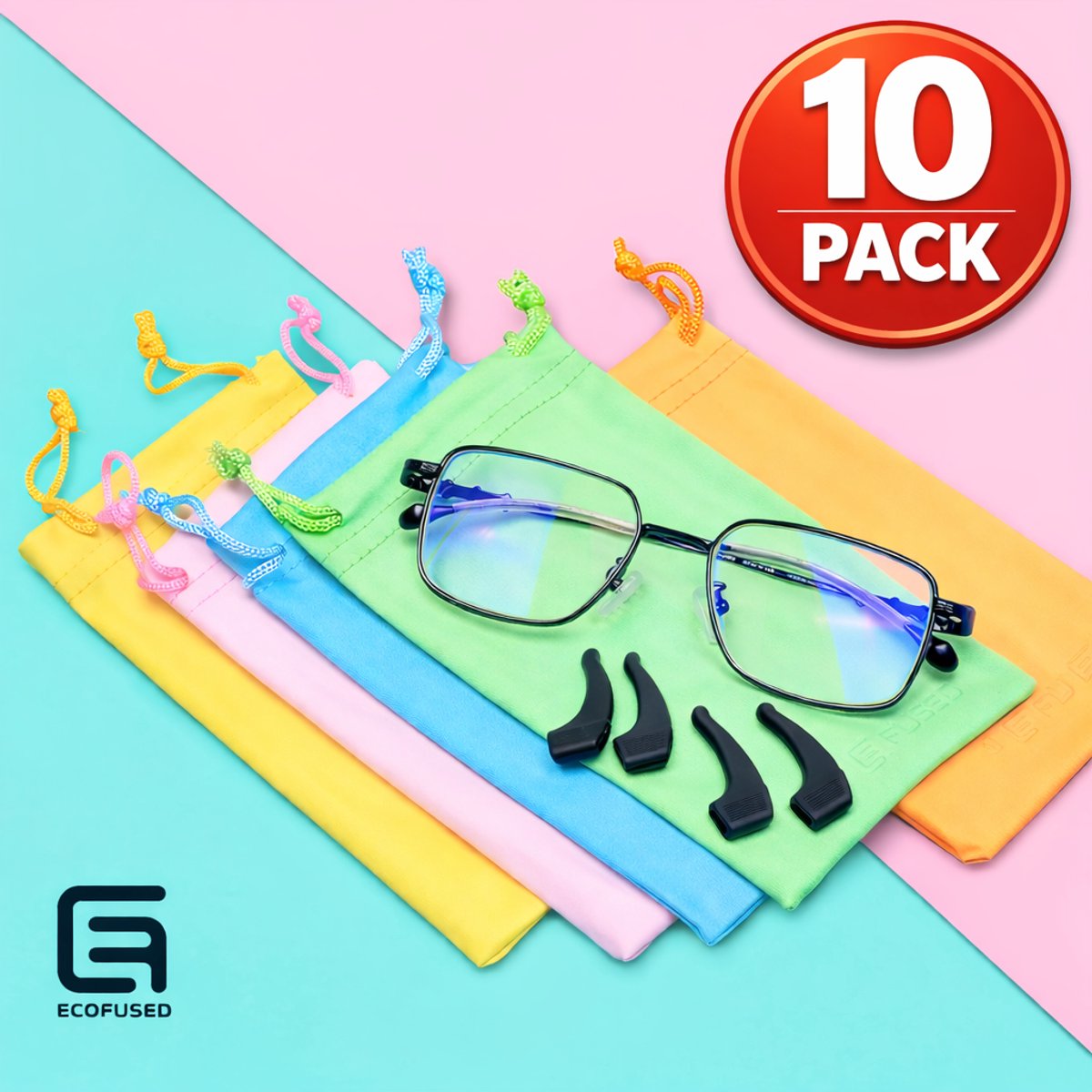 Microvezel Brillenhoesjes met Trekkoord & 4 Paar Oorhaakjes - 10 Pack - Zachte Brillenzakjes met Reinigingsdoekje - Voor Zonnebril, Leesbril en Veiligheidsbril - Antislip, Reisvriendelijk en Duurzaam
