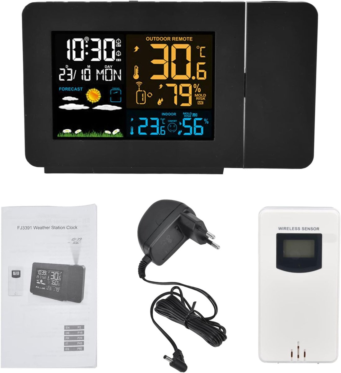 Digitale Projectie Wekker met Weerstation, Binnen/Buiten Temperatuurmeter en Luchtvochtigheidssensor