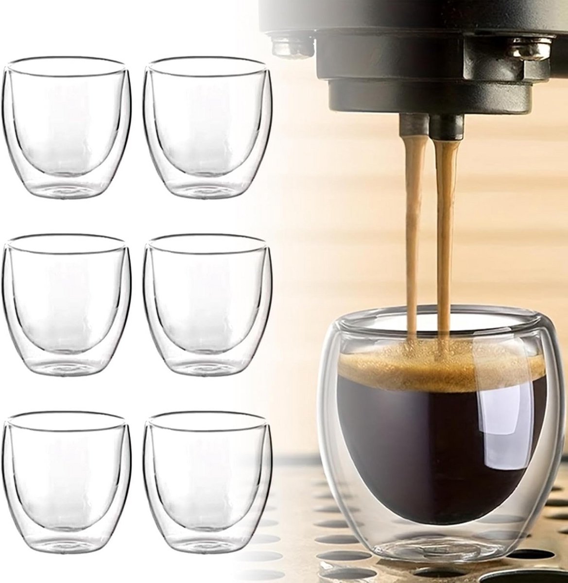 Set van 6 Dubbelwandige Espressoglazen, Hittebestendig Borosilicaatglas, 80 ml