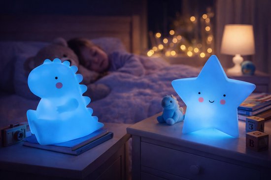 EasyMart Blauwe 2-delige kindernachtlamp set - dinosaurus en ster - LED nachtlamp voor babykamer en kinderkamer - warm wit licht - op batterijen van Merkloos — afbeelding 2