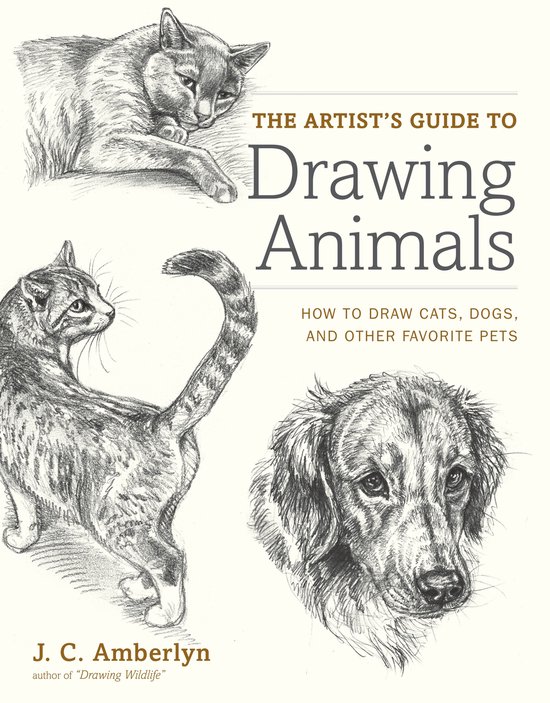 Het boek 'The Artist's Guide to Drawing Animals' toont schetsen van een kat en een hond, met de titel 'Hoe katten, honden en andere favoriete huisdieren te tekenen'.