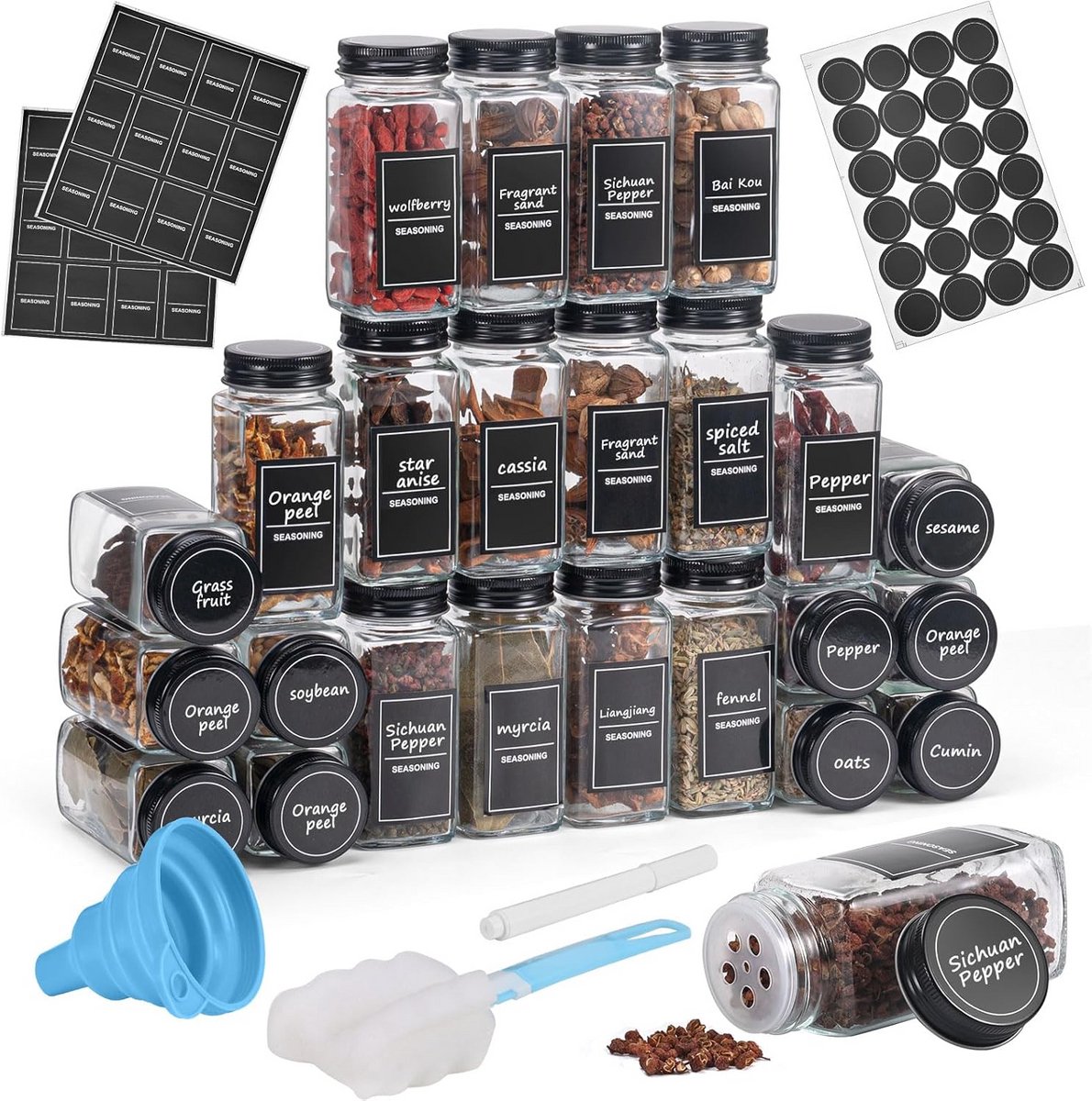 Set van 24 Kruidenpotjes van Glas (120 ml) met Etiketten en Accessoires - Luchtdicht