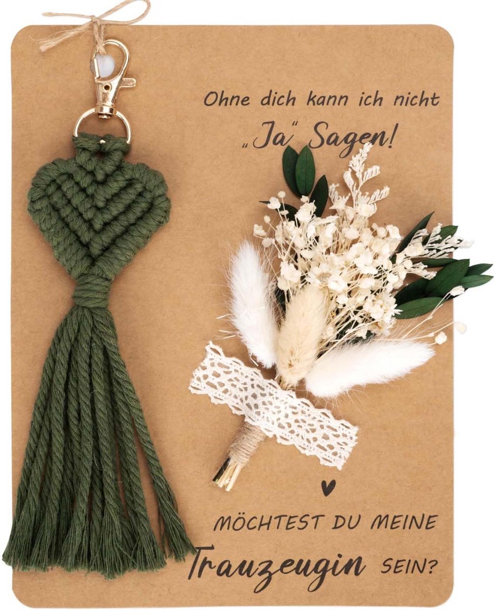 Cadeauset Bruidsmeisje Vragen: Kaart, Droogbloemen Boeket en Macramé Sleutelhanger