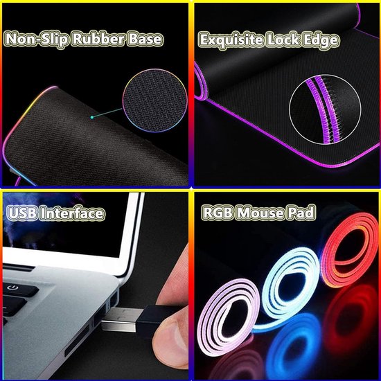 XXL RGB Gaming Muismat met LED Verlichting - Antislip Bureau Onderlegger Zwart van Merkloos — afbeelding 3