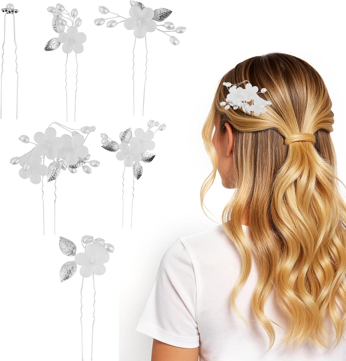 5 Stuks U-Vormige Haarspelden met Zilveren Bloem en Parels - Bruidshaaraccessoires