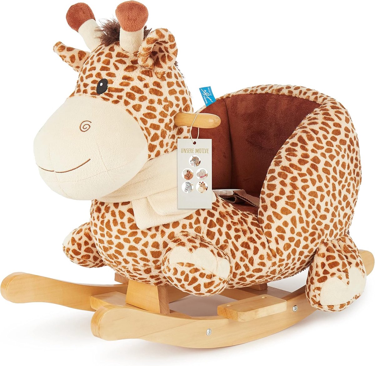 Pluche Schommeldier Giraf voor Baby en Peuter - Houten Hobbelpaard met Veiligheidsgordel