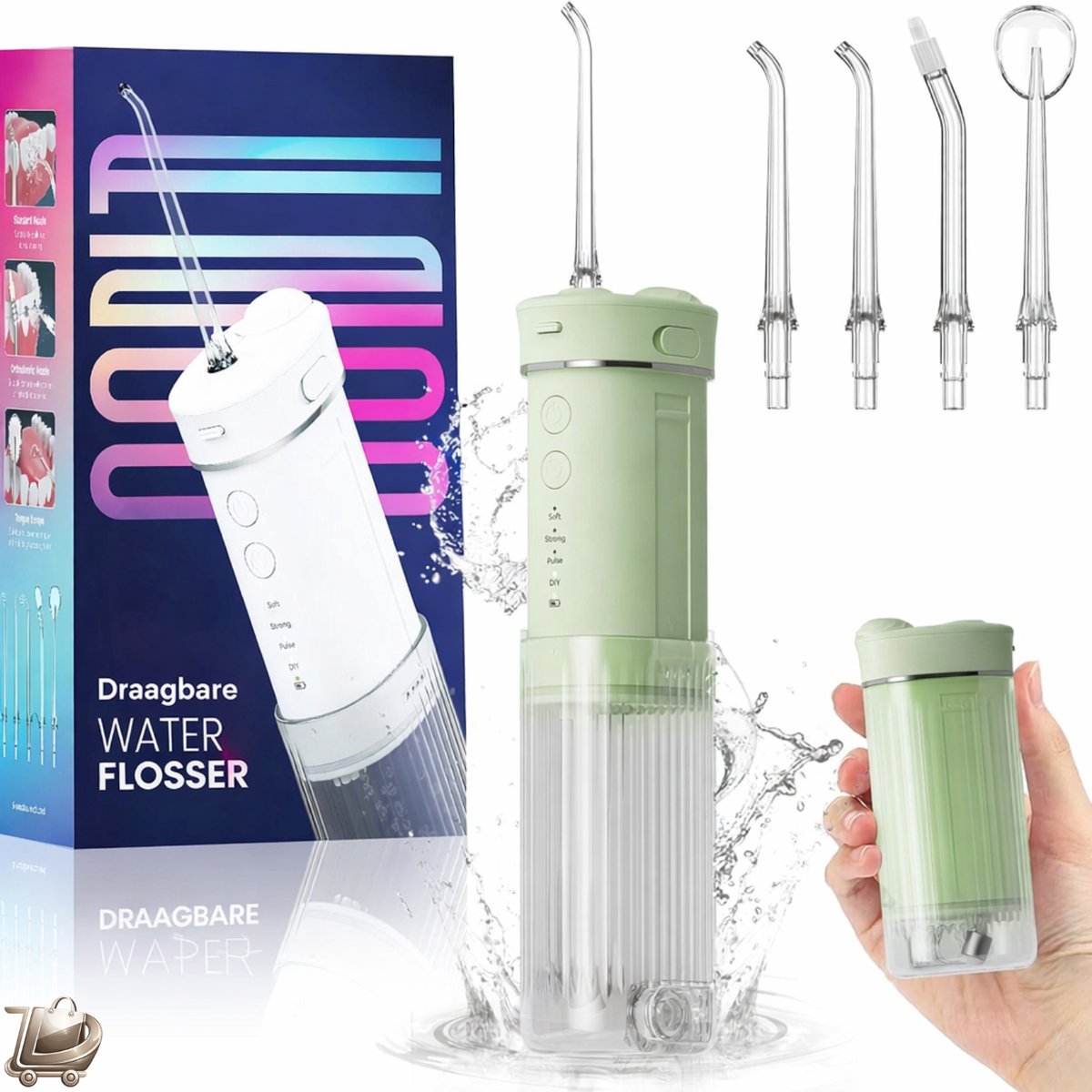 Mini Mondirrigator Waterflosser - 5 Opzetstukken - 4 Reinigingsstanden - 230ml Uitschuifbaar Waterreservoir - IPX7 Waterdicht - Draadloos Oplaadbaar - Draagbare Tandenreiniger voor Reizen en Thuisgebruik - Groen