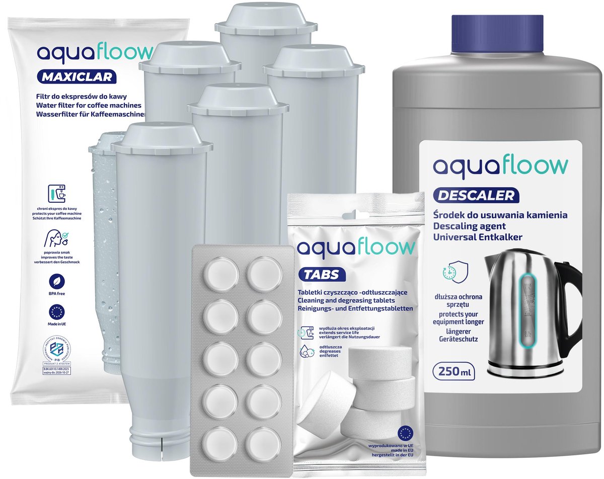 AquaFloow 5x Waterfilter voor Nivona Krups Koffiemachine – Vervanging voor NIRF700 F088 – Inclusief Ontkalker 250 ml en Reinigingstabletten 10 x 2g